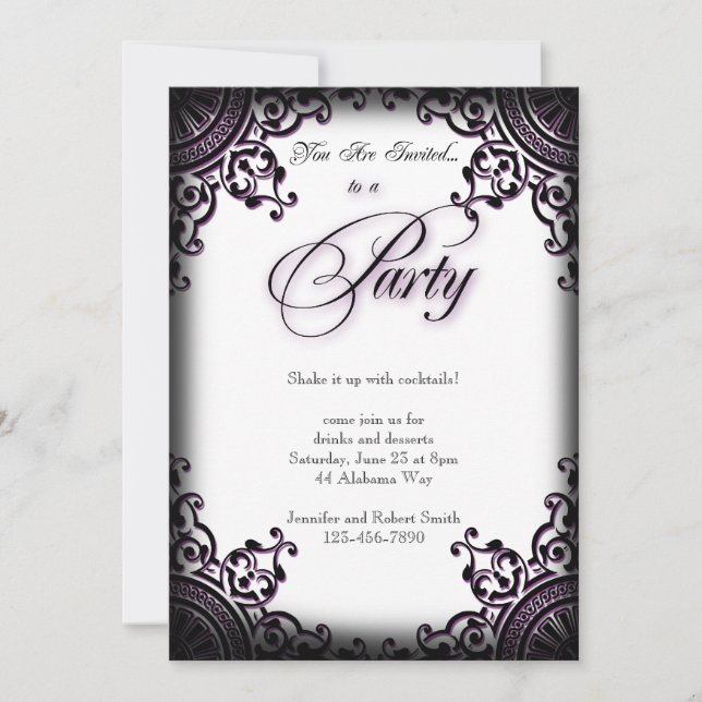 Black and Purple Gothic Scroll Party Invitation (Front)