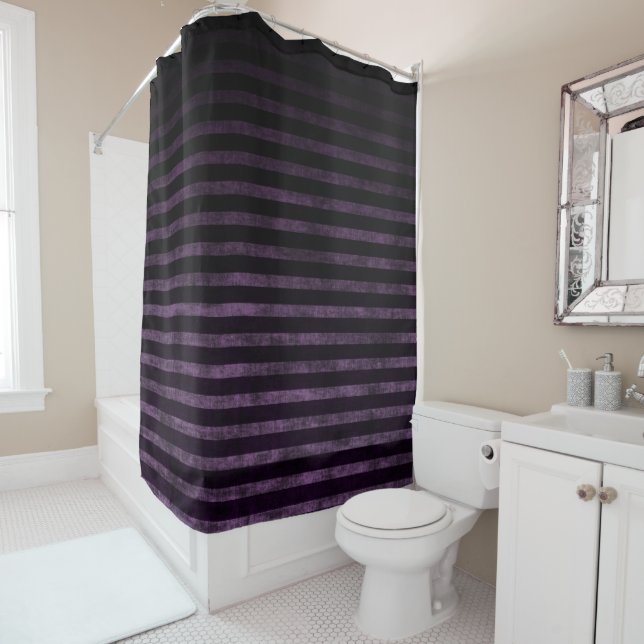 Black and Purple Grunge Ombre Stripes Shower Curtain (In Situ)