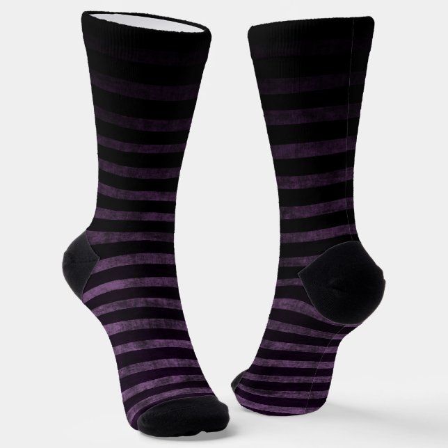 Black and Purple Grunge Ombre Stripes Socks (Angled)