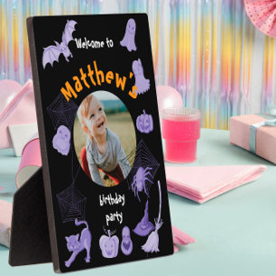 Black and purple Halloween birthday party welcome Plaque