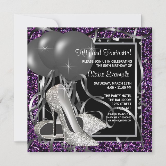 Black and Purple High Heels Womans Birthday Party Invitation (Front)