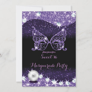 black and purple masquerade sweet 16 glitter invitation