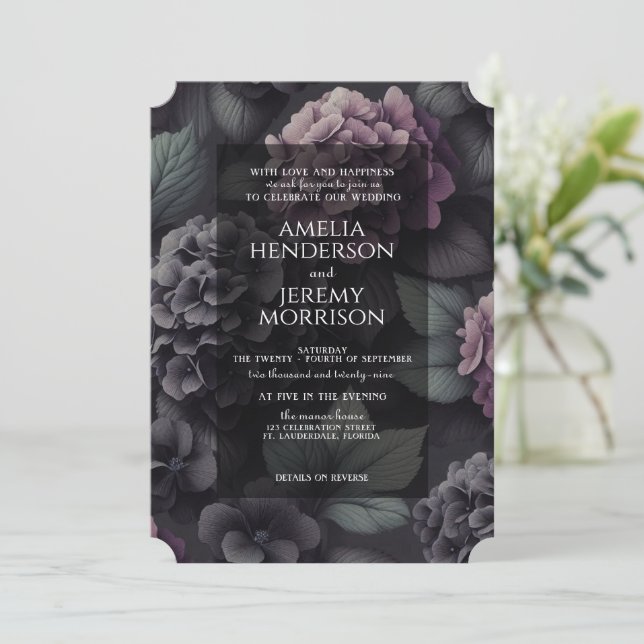 Black and Purple Moody Floral with QR Invitation (Standing Front)