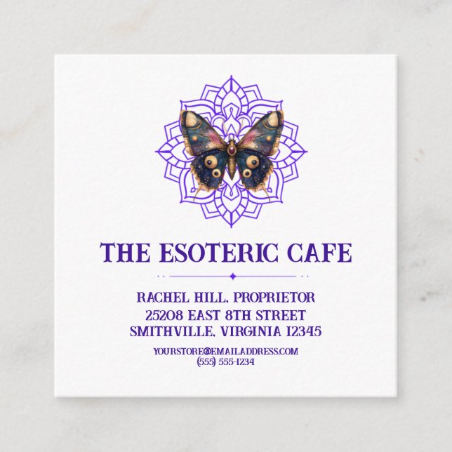 Black and Purple Moth Mandala Square Business Card (Front)
