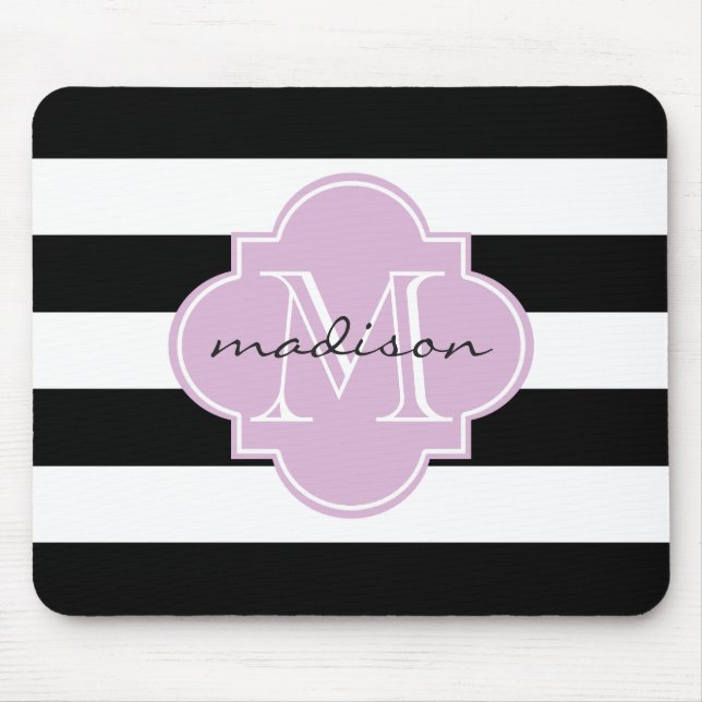 Black and Purple Nautical Stripes Custom Monogram Mouse Pad (Front)