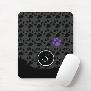 Black and Purple Paw Print Monogram Mouse Pad