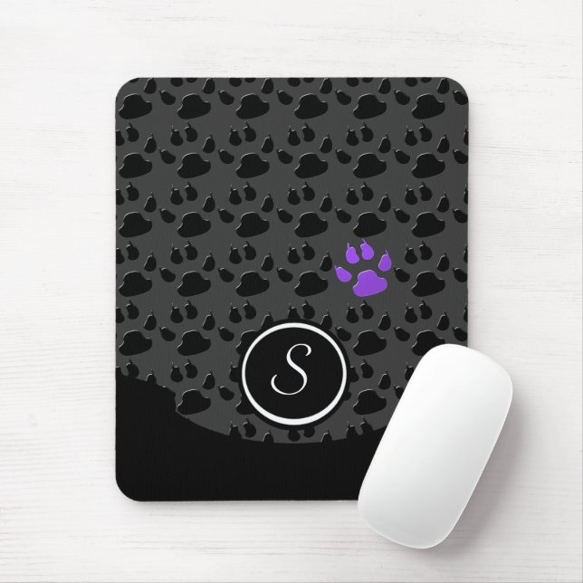 Black and Purple Paw Print Monogram Mouse Pad (With Mouse)