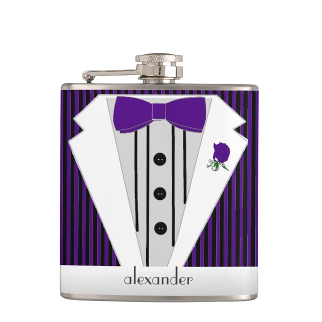 Black and Purple Pin Stripe Tuxedo- Hip Flask (Front)