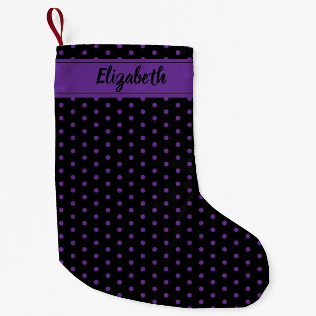 Black and Purple Polka Dots Personalised Custom Small Christmas Stocking (Front)