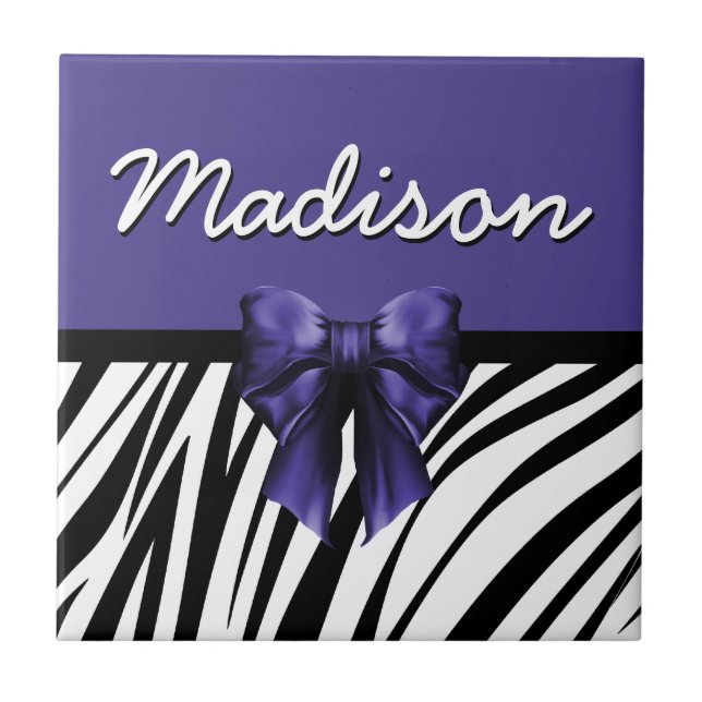 Black and Purple Ribbon Bow Zebra Print Ceramic Tile (Front)