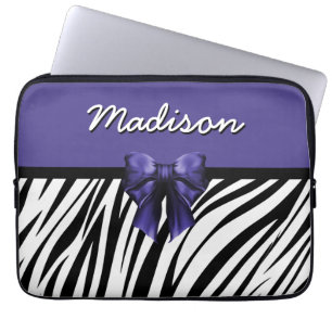 Black and Purple Ribbon Bow Zebra Print Laptop Sleeve
