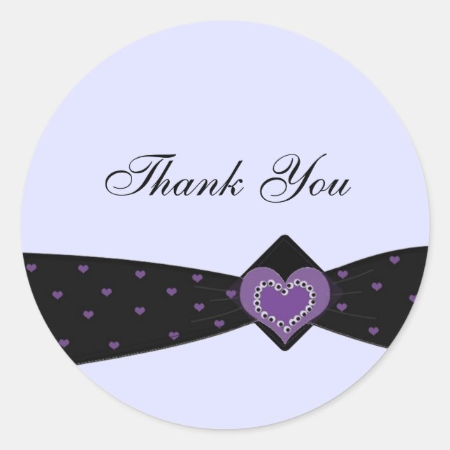 Black and Purple Ribbon Thank You Classic Round Sticker (Front)