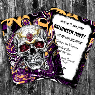 Black and Purple Sugar Skull Halloween Postcard