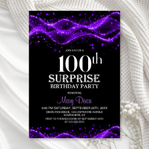 Black and Purple Surprise 100th Birthday Party Invitation