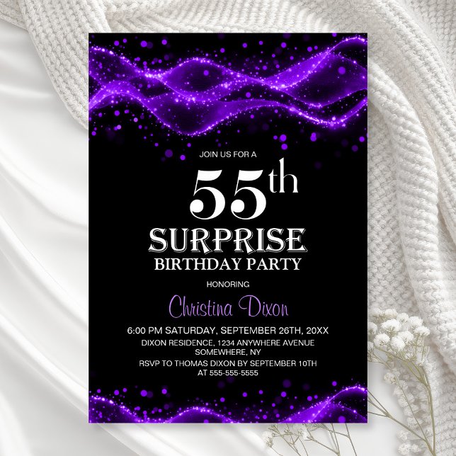 Black and Purple Surprise 55th Birthday Party Invitation (Creator Uploaded)