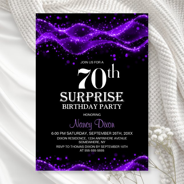 Black and Purple Surprise 70th Birthday Party Invitation (Creator Uploaded)