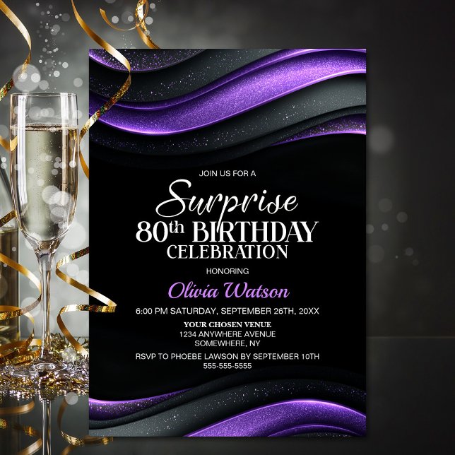 Black and Purple Surprise 80th Birthday Party Invitation (Creator Uploaded)