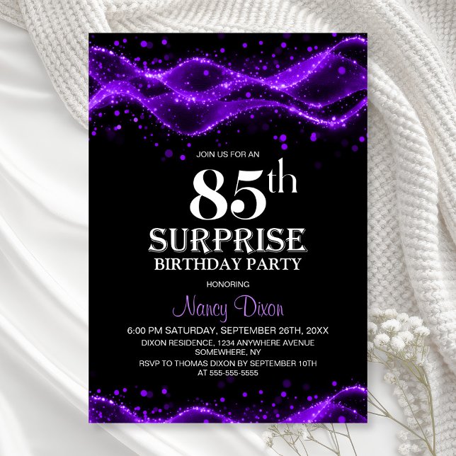 Black and Purple Surprise 85th Birthday Party Invitation (Creator Uploaded)