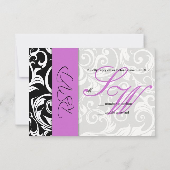 Black and Purple Swirl Wedding RSVP (Front)