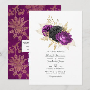Black and Purple Vintage Floral QR Code Wedding Invitation