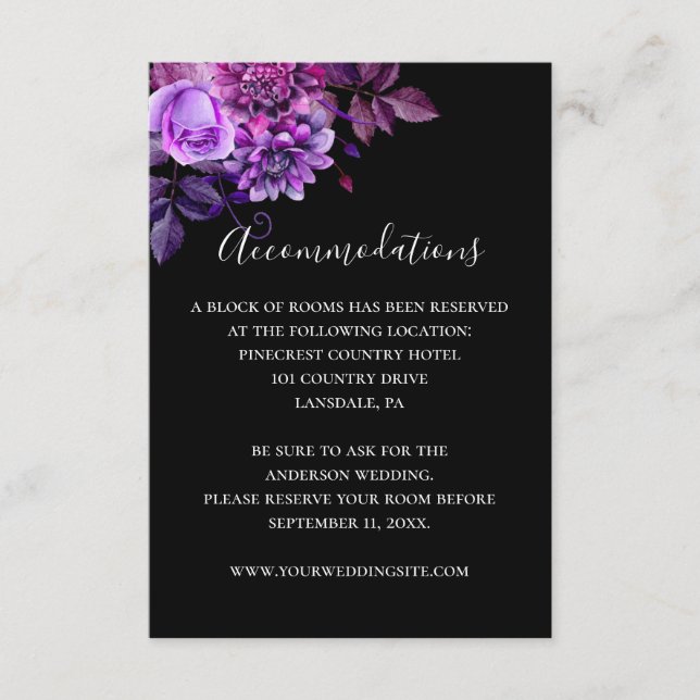 Black and purple wedding details. Accommodations Enclosure Card (Front)