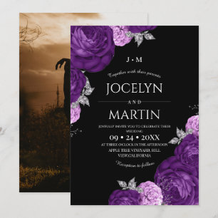 Black and Purple Whimsical Flora Wedding  Invitation