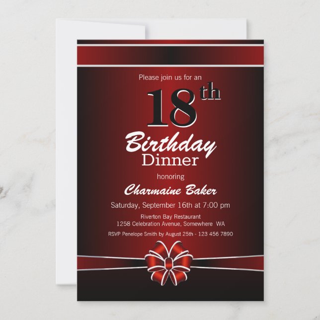 Black and Red 18th Birthday Dinner Party Invitation (Front)