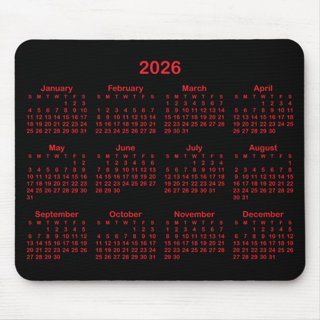 Black and Red 2026 Calendar Mouse Pad (Front)