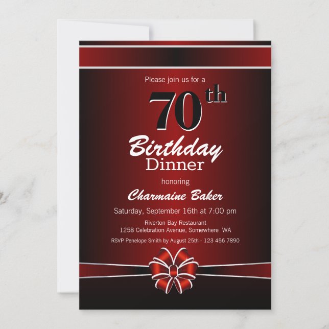 Black and Red 70th Birthday Dinner Party Invitation (Front)