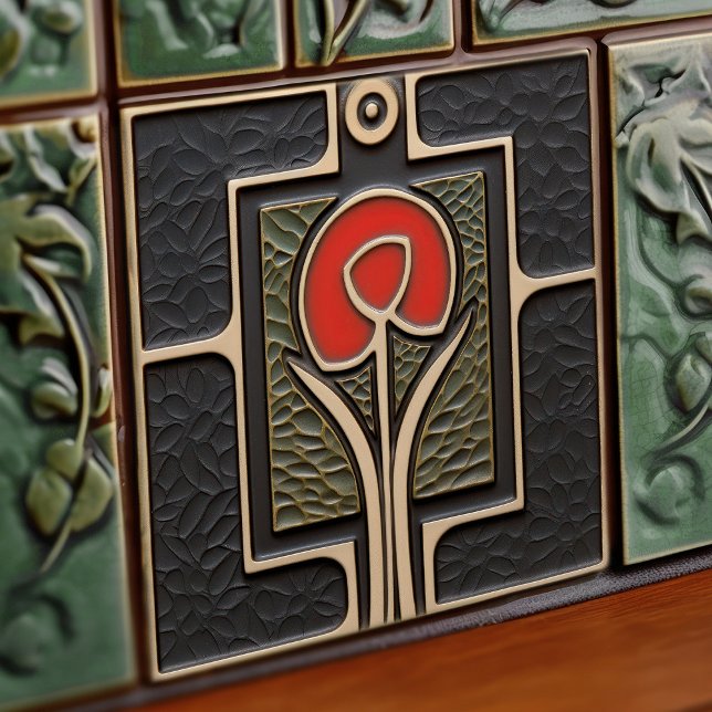 Black and Red Abstract Flower Mid-Century Ceramic Tile (Creator Uploaded)