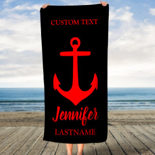 Black and Red Anchor Personalised Beach Towel