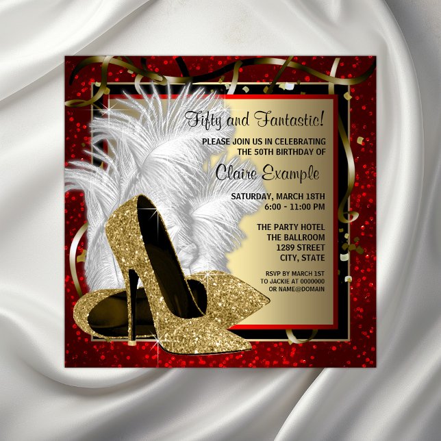 Black and Red and Gold High Heels Birthday Party Invitation (Elegant red and gold any number or event invitation. Simply add your event details.)