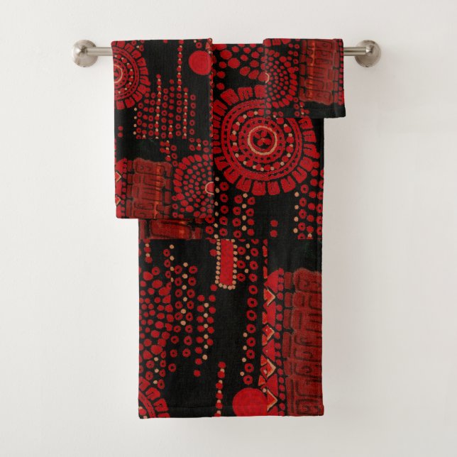 Black and Red Art Deco Pattern Bath Towel Set (Insitu)