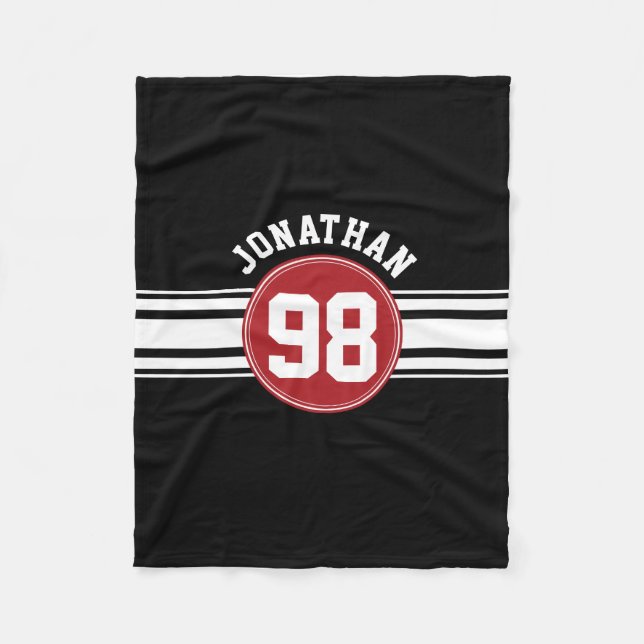 Black and Red Auto Racing Stripes Name Number Fleece Blanket (Front)