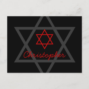 Black and Red Bar Mitzvah Thank You Postcard