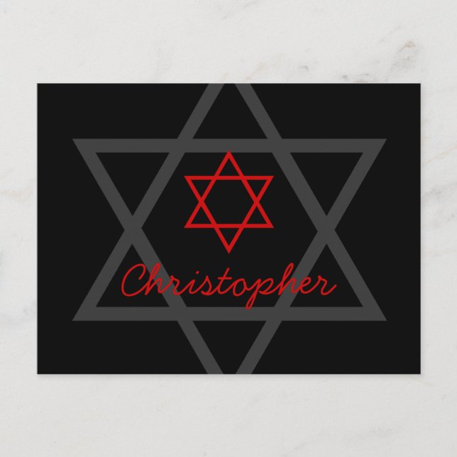 Black and Red Bar Mitzvah Thank You Postcard (Front)