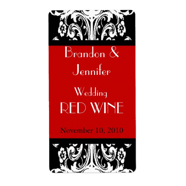 Black and Red Baroque Wedding Mini Wine Labels (Front)