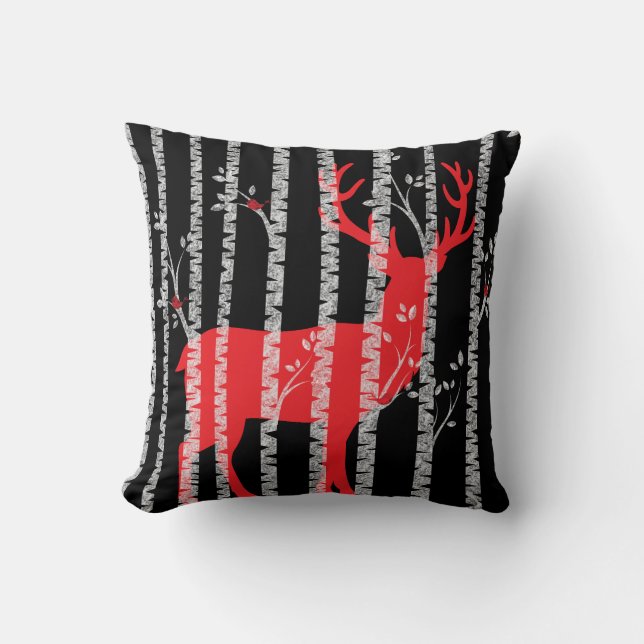 Black and Red Birch Tree Forest Pillow (Front)