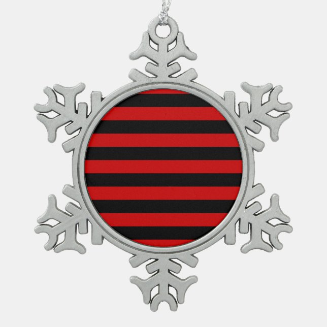 Black and Red Bold Stripes Pattern Snowflake Pewter Christmas Ornament (Front)