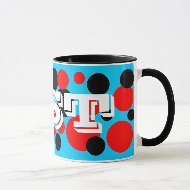 Black and Red Bubble Dots Monogram Mug (Right)