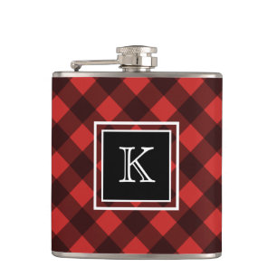 Black and Red Buffalo Check Custom Monogram Hip Flask