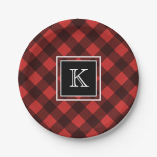 Black and Red Buffalo Check Custom Monogram Paper Plate