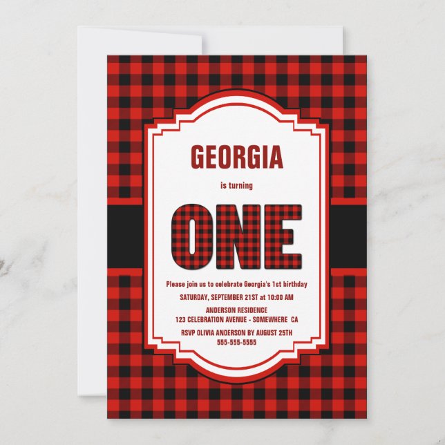 Black and Red Buffalo Plaid 1st Birthday Party Invitation (Front)