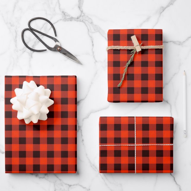 Black and Red Buffalo Plaid Gift Wrapping Paper Sheet (Front)