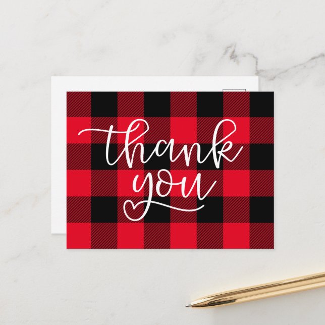 Black and Red Buffalo Plaid Heart Thank You Postcard (Front/Back In Situ)