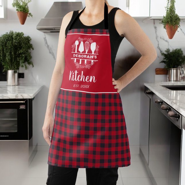 Black and Red Buffalo Plaid Kitchen Name Apron (Creator Uploaded)