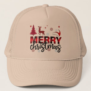 Black and Red Buffalo Plaid Merry Christmas Design Trucker Hat