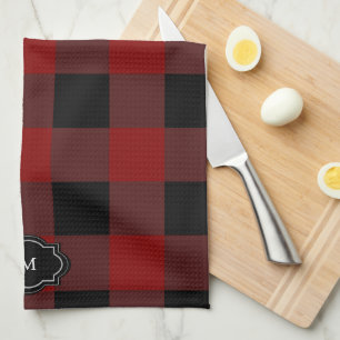 Black and red buffalo plaid monogrammed tea towel