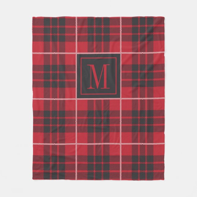 Black and red buffalo plaid pattern monogram fleece blanket (Front)