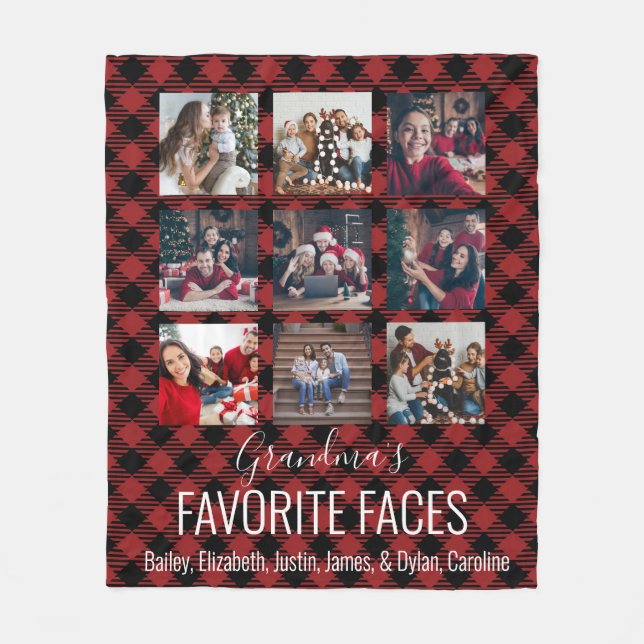 Black and Red Buffalo Plaid Personalised 9 Photo  Fleece Blanket (Front)